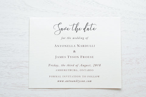 alt="Classic save the date card features an ivory linen textured card stock and a sample script and elegant font"