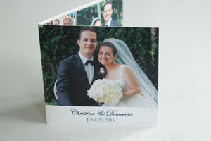alt="Square photo tri-fold style thank you card features a white pearlescent shimmer card stock, personalized thank you message and a collage of your favourite photos from your special day"