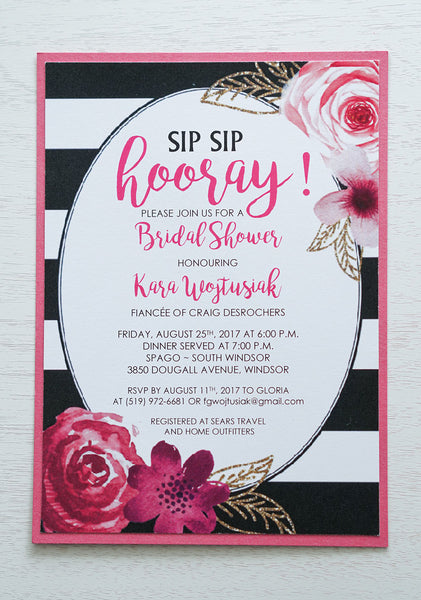 alt="Chic striped floral Bridal Shower invitation features a matte white card stock on a bright pink pearlescent shimmer stock, a black and white striped background with oval frame and a watercolour floral and faux glitter leaf design"