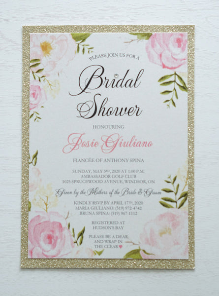 alt="Stylish Bridal Shower invitation features a quartz pearlescent shimmer card stock on a gold glitter stock, an elegant pink watercolour floral frame design with a jewel detail to finish it off"