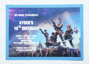 alt="Adventure video game invitation features a matte white and blue card stock and a Fortnite themed design"