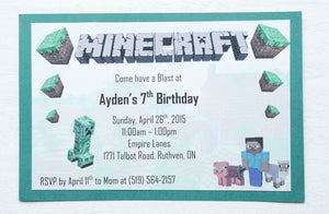 alt="Adventure video game invitation features a matte white and green card stock and a Minecraft themed design"
