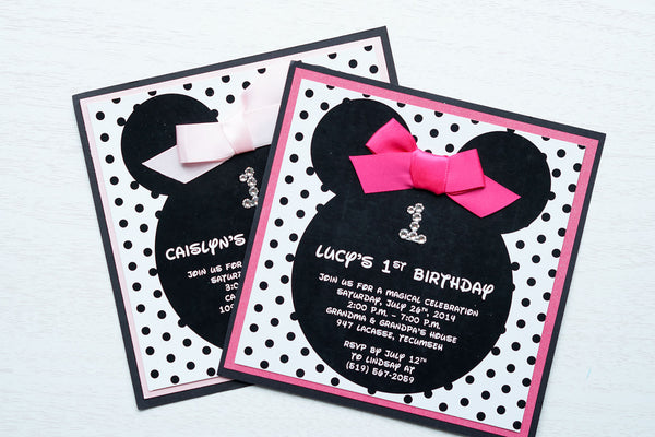 alt="Fun Disney inspired birthday party invitation features a matte white stock on light pink or hot pink pearlescent shimmer and matte black card stock layers, Minnie Mouse ears, an elegant jewel age detail, a black polka dot background and is finished off with a rich pink ribbon bow to match"