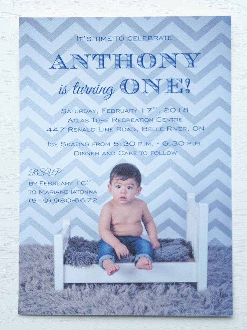 alt="Cute first birthday photo invitation features a picture of the honouree and fun fonts on a white matte card stock"