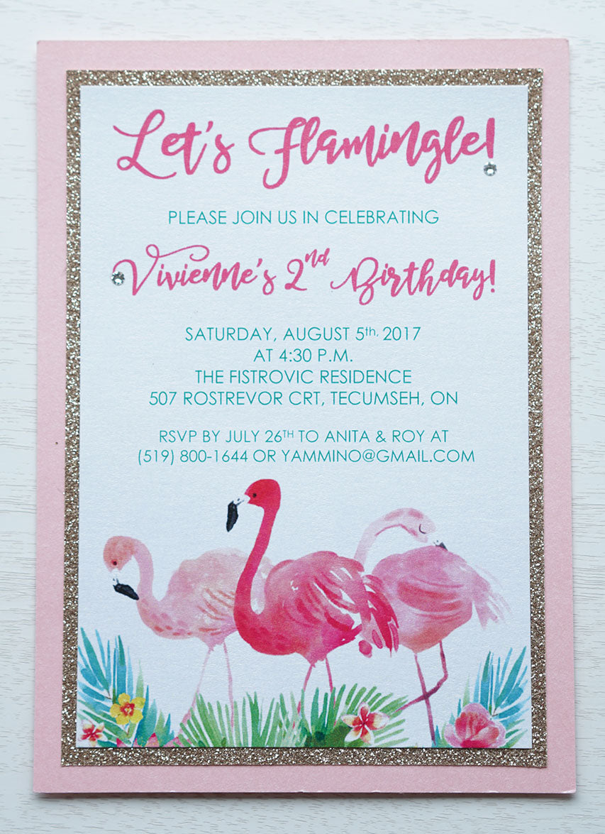 alt="Tropical birthday party invitation features a white pearlescent shimmer stock on rose gold glitter and light pink pearlescent shimmer card stock layers, a pink flamingo and palm design and Let's Flamingle! in hot pink with two jewel details to finish it off"