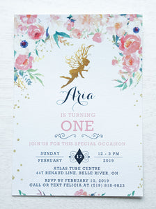 alt="Magical birthday party invitation features a white matte card stock, an elegant pink watercolour floral design and a gold fairy"