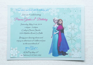 alt="Frozen inspired birthday party invitation features a matte white stock on a blue/teal pearlescent shimmer card stock, a Princess Ana and Elsa design, blue/teal background with snowflakes and and is finished with glitter"