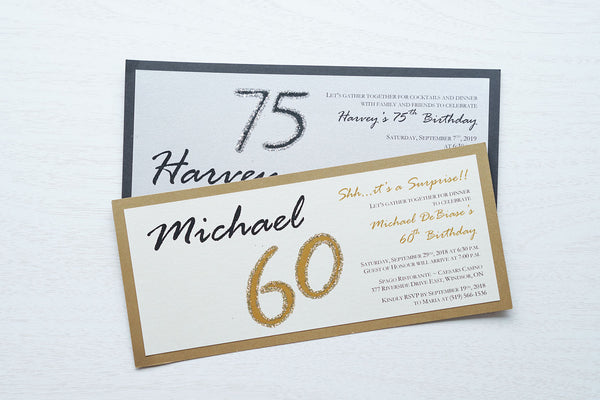 alt=“Modern and fun tea length birthday invitation features an ivory or silver pearlescent shimmer card stock on a gold pearlescent shimmer or matte black stock, the honouree’s name in script and their age highlighted with glitter sparkle”