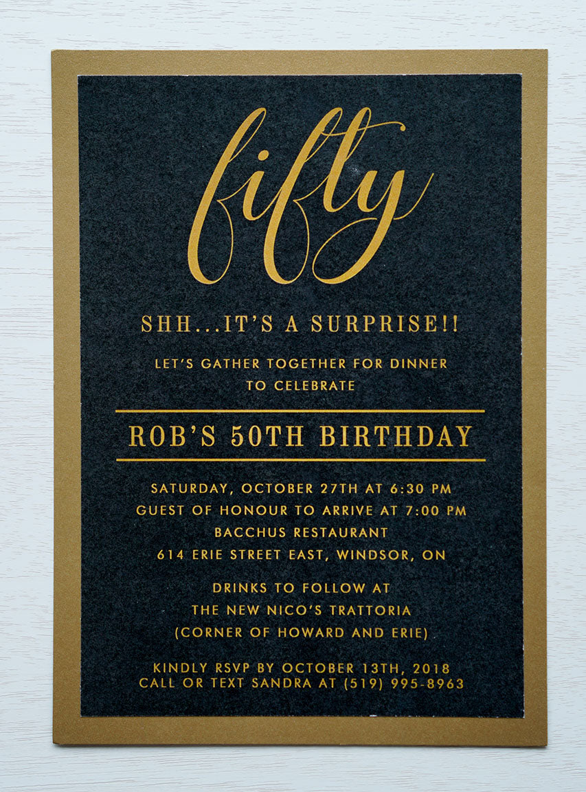 alt="Modern birthday invitation features a black background printed on white matte card stock on a gold pearlescent shimmer stock with the honouree’s age highlighted in gold"