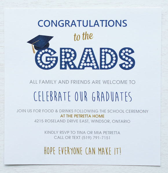 alt="Blue and gold graduation party invitation is printed on white matte card stock and features fun fonts and a blue grad cap and marquee lettering design"