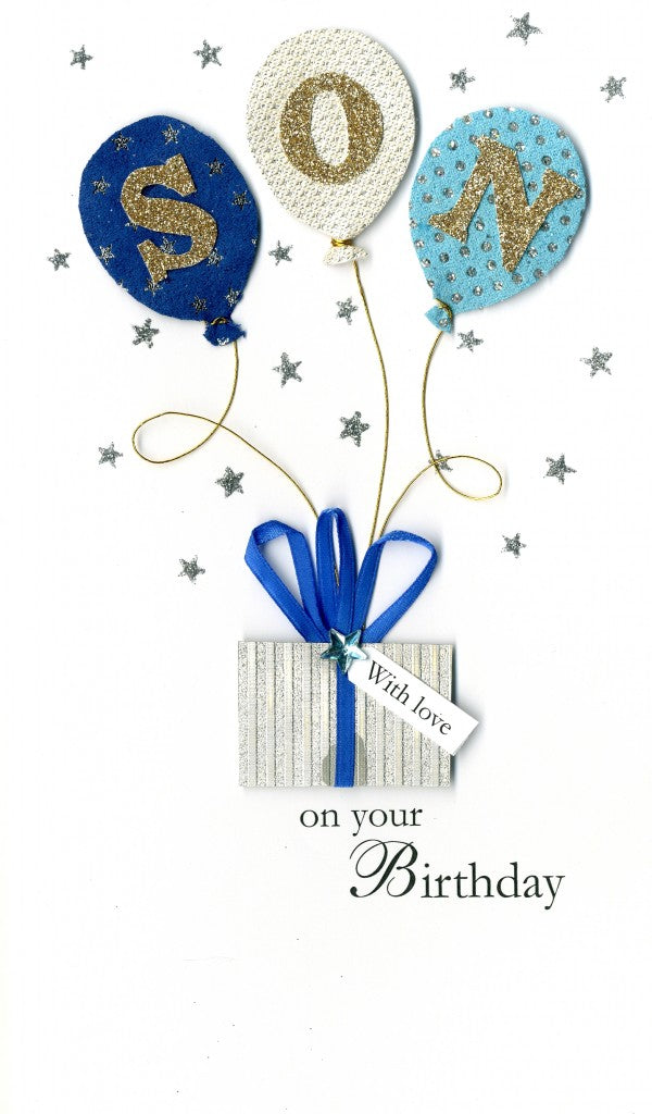 alt="Quality hand-finished, glitter embellished Son birthday balloons greeting card by Second Nature sealed in a protective wrapping complete with envelope"