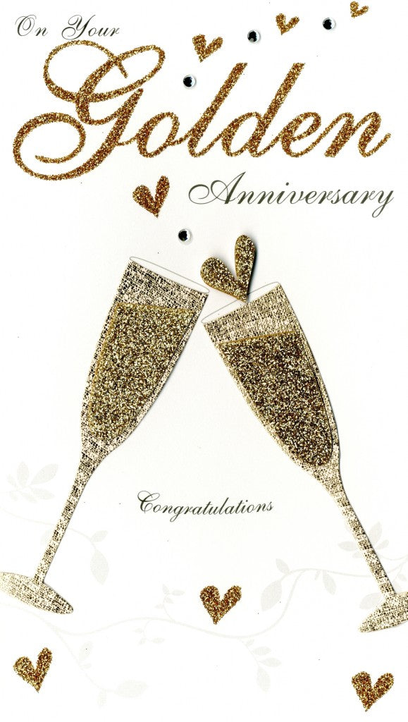 Quality hand-finished, glitter embellished greeting card by Second Nature sealed in a protective wrapping complete with envelope.  Message: On Your Golden Anniversary. Congratulations. Congratulations and best wishes to a very special couple as you celebrate your Golden Anniversary.