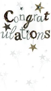 alt="Quality hand-finished, glitter embellished Congratulations stars greeting card by Second Nature sealed in a protective wrapping complete with envelope"
