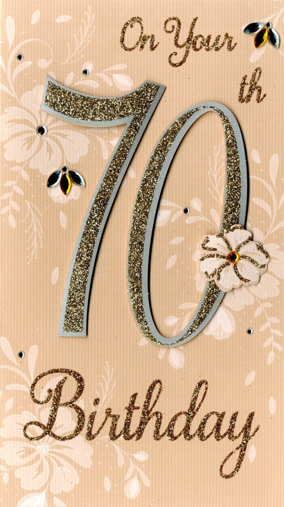 alt=“70th birthday gold quality hand-finished, glitter embellished greeting card sealed in a protective wrapping complete with envelope. Message: On Your 70th Birthday. 70 years young today, so here’s to celebrating you! Congratulations”