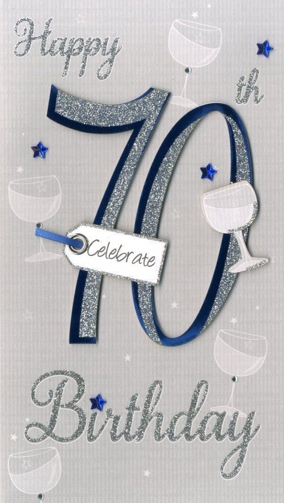 alt=“70th Birthday blue and silver quality hand-finished, glitter embellished greeting card sealed in a protective wrapping complete with envelope. Message: Happy 70th Birthday Celebrate. 70 years young today, so here’s to celebrating you! Congratulations”