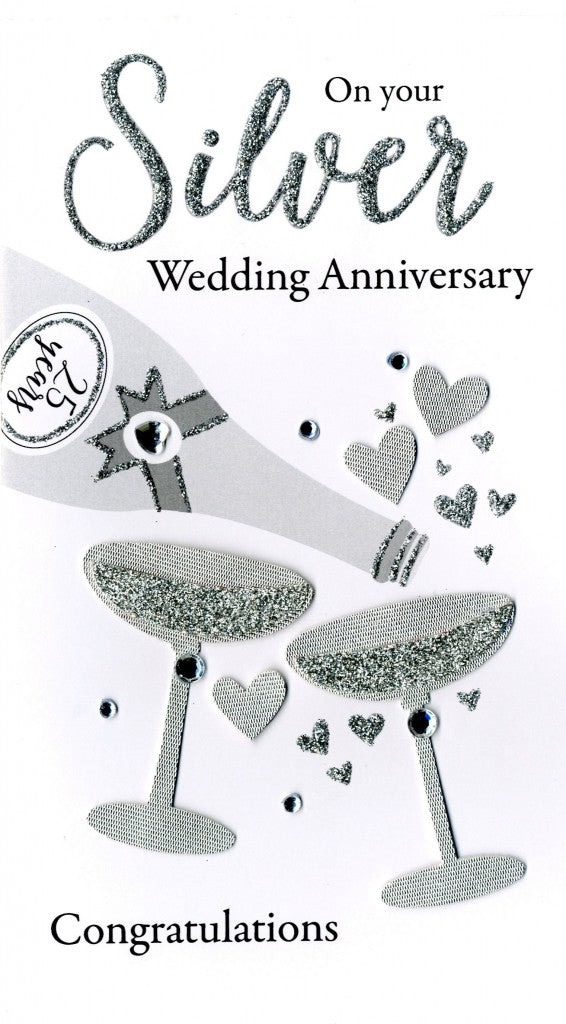 Quality hand-finished, glitter embellished greeting card by Second Nature sealed in a protective wrapping complete with envelope.  Message: On your Silver Wedding Anniversary. Congratulations. Congratulations to both of you. Wishing you a day to remember!