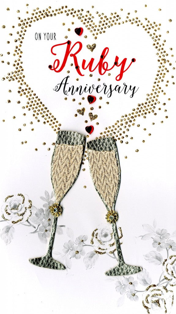 Quality hand-finished, glitter embellished greeting card by Second Nature sealed in a protective wrapping complete with envelope.  Message: On your Ruby Anniversary. May your special day be filled with happiness and fond memories. Many Congratulations on your 40th Anniversary.
