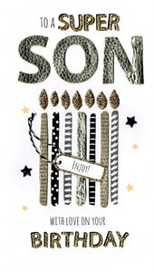 Quality hand-finished, glitter embellished greeting card by Second Nature sealed in a protective wrapping complete with envelope.  Message: To a Super Son with love on your Birthday. Enjoy! Hoping that the year ahead brings you all the happiness you wish for! Happy Birthday.