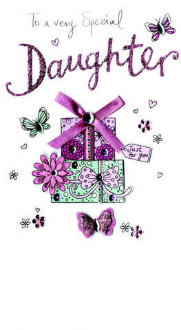 Quality hand-finished, glitter embellished greeting card by Second Nature sealed in a protective wrapping complete with envelope.  Message: To a very Special Daughter. Wishing you a day that’s so very special, just like you!