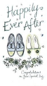 alt=“Wedding Shoes quality hand-finished, silver glitter embellished greeting card sealed in a protective wrapping complete with envelope. Message: Happily Ever After. Congratulations on Your Special Day. May the happiness of this day stay with you forever”