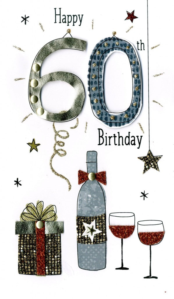 alt=“60th Birthday quality hand-finished, glitter embellished greeting card with wine bottle, glasses and present sealed in a protective wrapping complete with envelope. Message: Happy 60th Birthday. Many congratulations on this very special day”