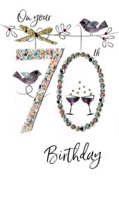 alt=“70th Birthday Birds quality hand-finished, glitter embellished greeting card sealed in a protective wrapping complete with envelope. Message: On your 70th Birthday. 70 years young today, so here’s to celebrating you! Congratulations”