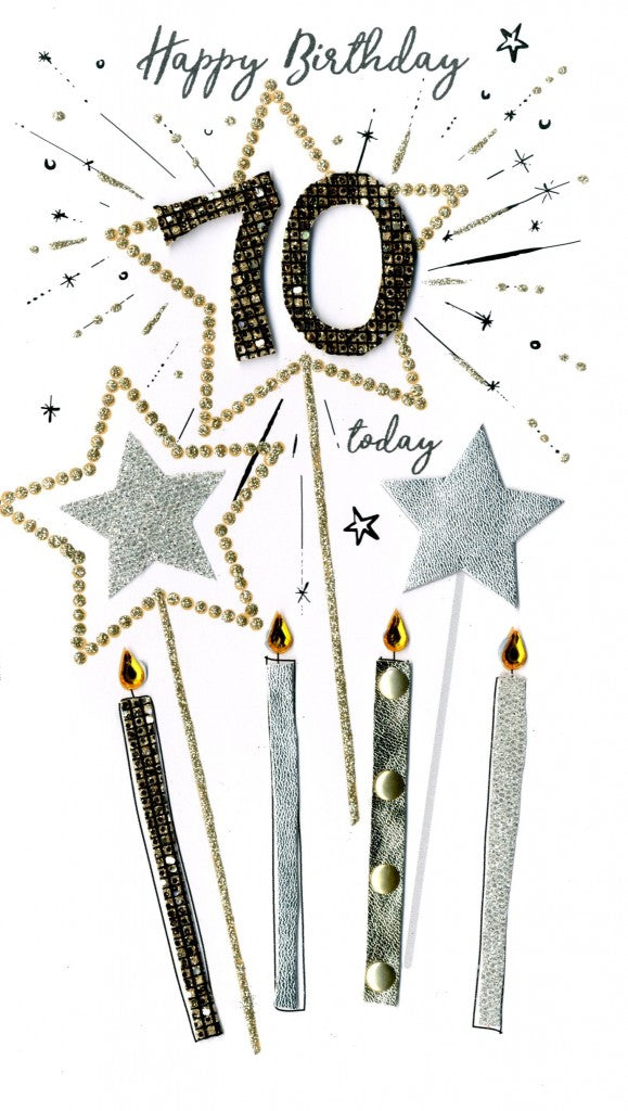alt=“70th birthday silver and gold quality hand-finished, glitter embellished greeting card with candles and stars sealed in a protective wrapping complete with envelope. Message: Happy Birthday 70 today. Many congratulations on this very special day”