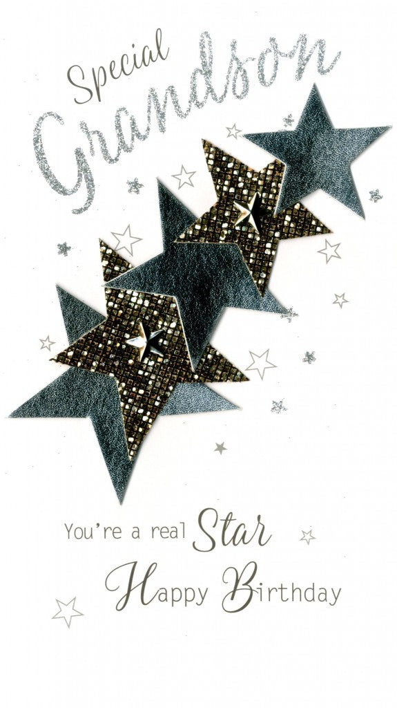 alt="Quality hand-finished, glitter embellished Special Grandson birthday stars greeting card by Second Nature sealed in a protective wrapping complete with envelope"