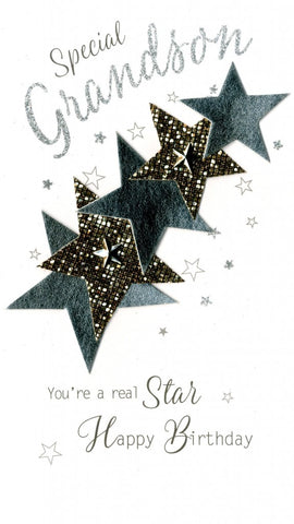alt="Quality hand-finished, glitter embellished Special Grandson birthday stars greeting card by Second Nature sealed in a protective wrapping complete with envelope"