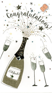 alt="Quality hand-finished, glitter embellished Congratulations greeting card with champagne bottle by Second Nature sealed in a protective wrapping complete with envelope"