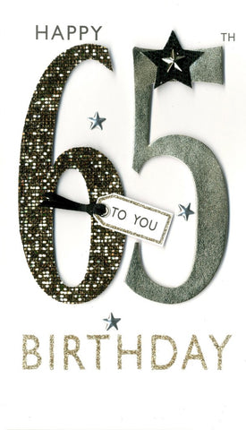 alt=“65th Birthday Stars quality hand-finished, glitter embellished greeting card sealed in a protective wrapping complete with envelope. Message: Happy 65th Birthday to You. Congratulations! Enjoy this very special birthday”