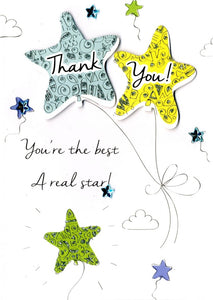 Quality hand-finished, glitter embellished greeting card by Second Nature sealed in a protective wrapping complete with envelope.  Message: ﻿Thank You! You’re the best a real star! Thanks a million!