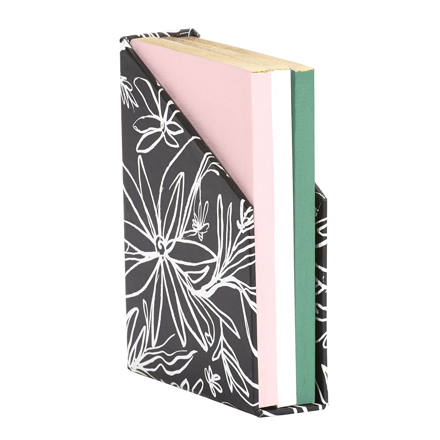 alt="Mini flex organic journal set with black and white floral enclosure and pink, white and green journals with black cursive sentiments"
