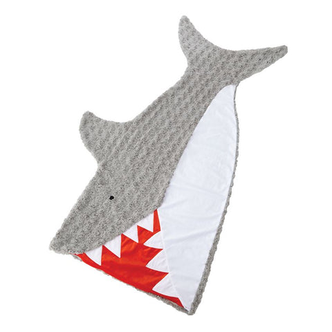 alt="Pillowcase style slide-inside shark blanket opens at mouth and features swirl, dot and flat minky accents"