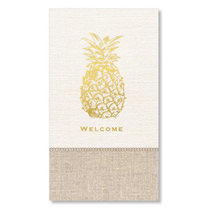 alt="Package of 16, 3ply premium paper guest towels/dinner napkins. Linen-look pattern with gold foil pineapple"