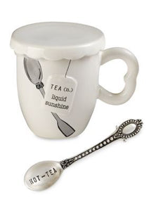 alt=“Three piece tea mug set includes mug with Liquid Sunshine sentiment, cover and Hot Tea stamped silver-plate spoon”