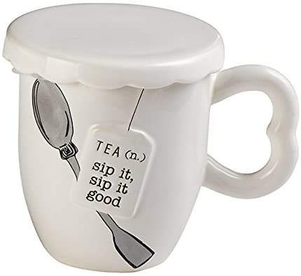 alt=“Three piece tea mug set includes mug with Sip it, sip it good sentiment, cover and Par-Tea stamped silver-plate spoon”