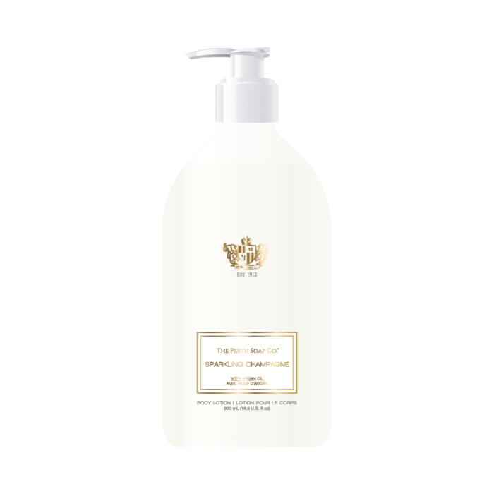 alt="Sparkling Champagne Body Lotion with effervescent champagne notes accented with mandarin, grapefruit, apple, peach, ozonic-mint, cyclamen, rose, musk, amber, sandalwood and vanilla"