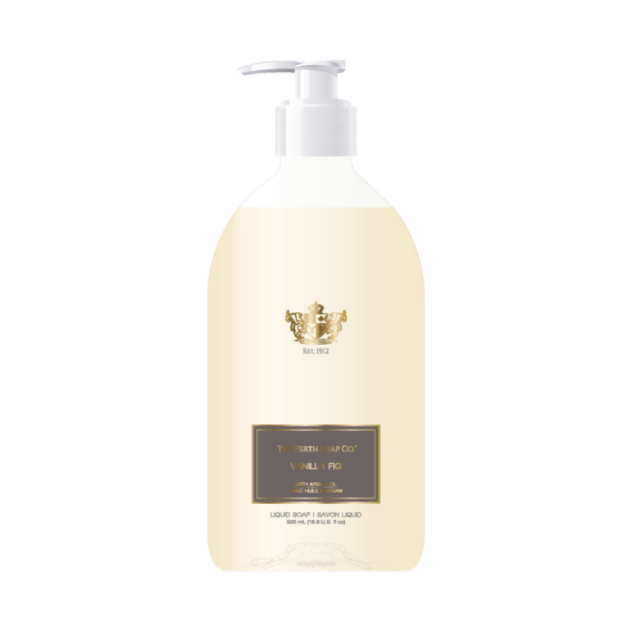 alt="Vanilla Fig Liquid Soap with rich, juicy fig and lush vanilla notes accented with jasmine, violet petals, white lily, amber, sandalwood, moss and coconut"
