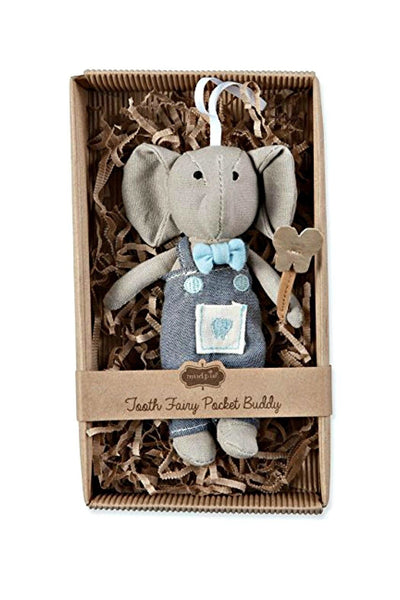 alt=“Blue and grey Tooth Fairy elephant pocket buddy doll complete with fairy wand, bowtie and chambray bib overalls features a special front pocket to place a lost tooth and hangs from a grosgrain ribbon, comes packaged in corrugated gift box”