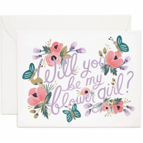 alt="Floral Will you be my Flower Girl greeting card with script writing"
