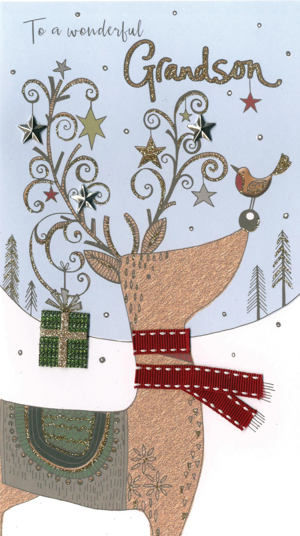 alt="Quality hand-finished, glitter embellished Grandson Christmas Reindeer greeting card by Second Nature sealed in a protective wrapping complete with envelope"