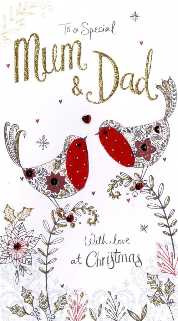alt="Quality hand-finished, glitter embellished Mum & Dad Christmas Birds greeting card by Second Nature sealed in a protective wrapping complete with envelope"