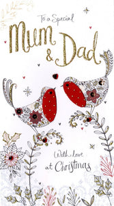 alt="Quality hand-finished, glitter embellished Mum & Dad Christmas Birds greeting card by Second Nature sealed in a protective wrapping complete with envelope"