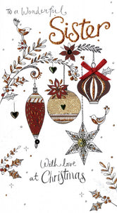 alt="Quality hand-finished, glitter embellished Sister Christmas Ornaments greeting card by Second Nature sealed in a protective wrapping complete with envelope"