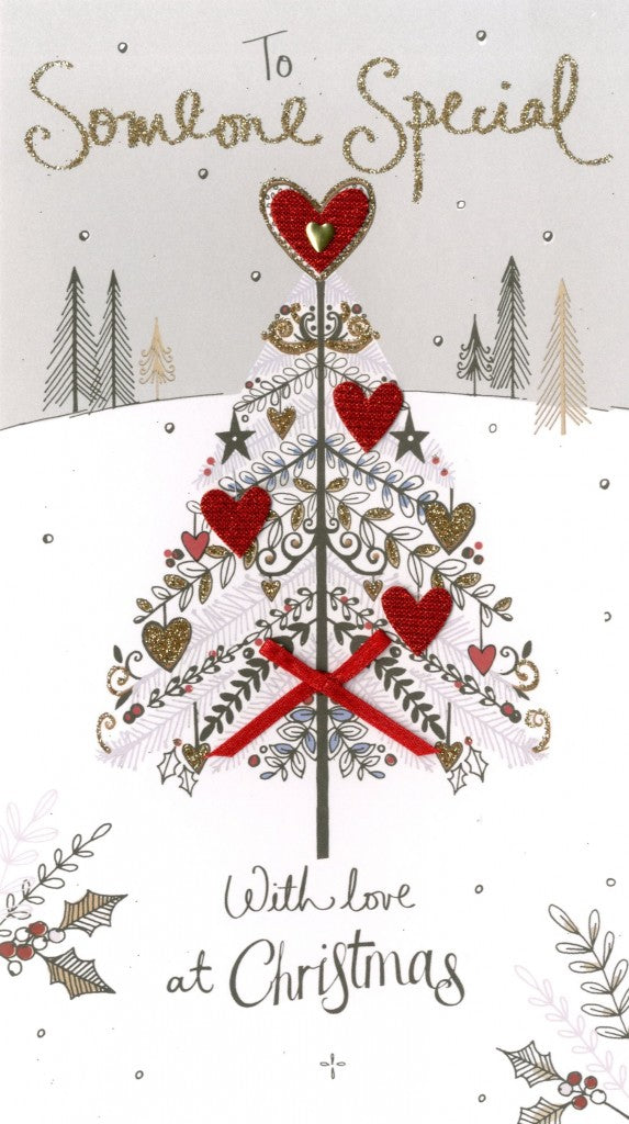 alt="Quality hand-finished, glitter embellished Someone Special Christmas Tree greeting card by Second Nature sealed in a protective wrapping complete with envelope"