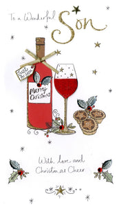 alt="Quality hand-finished, glitter embellished Son Christmas wine greeting card by Second Nature sealed in a protective wrapping complete with envelope."