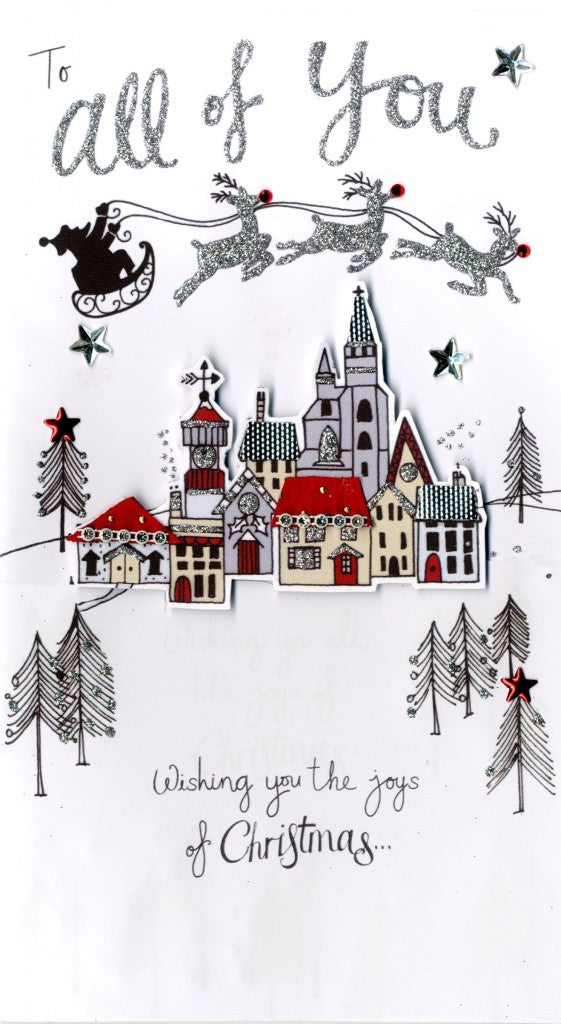 alt="Quality hand-finished, glitter embellished All of You Christmas Village greeting card by Second Nature sealed in a protective wrapping complete with envelope"