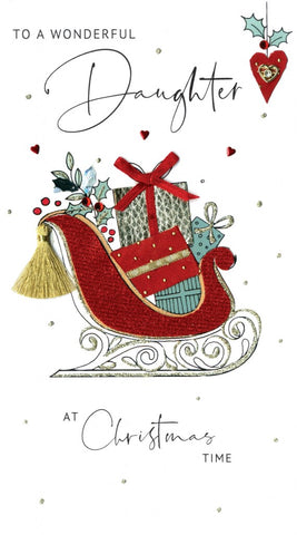 alt="Quality hand-finished, glitter embellished Daughter Christmas Sleigh greeting card by Second Nature sealed in a protective wrapping complete with envelope"