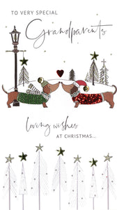 alt="Quality hand-finished, glitter embellished Grandparents Christmas Dogs greeting card by Second Nature sealed in a protective wrapping complete with envelope"